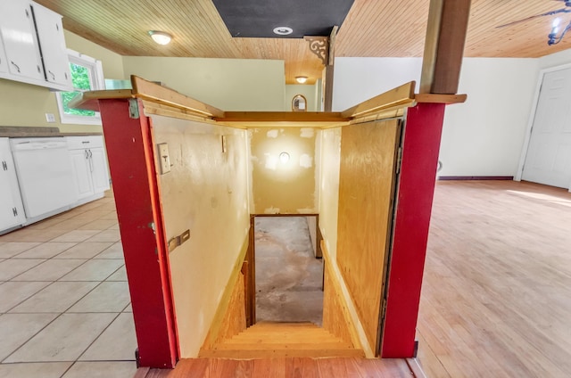 stairs with wood ceiling and wood finished floors