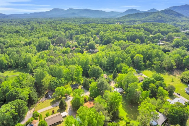 drone / aerial view with a mountain view and a wooded view