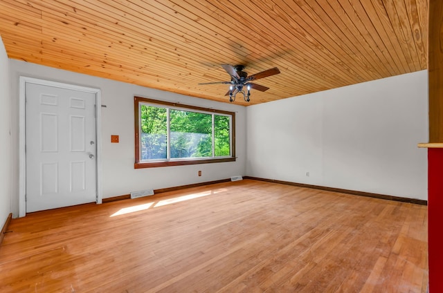 empty room featuring ceiling fan, visible vents, wooden ceiling, and light wood finished floors