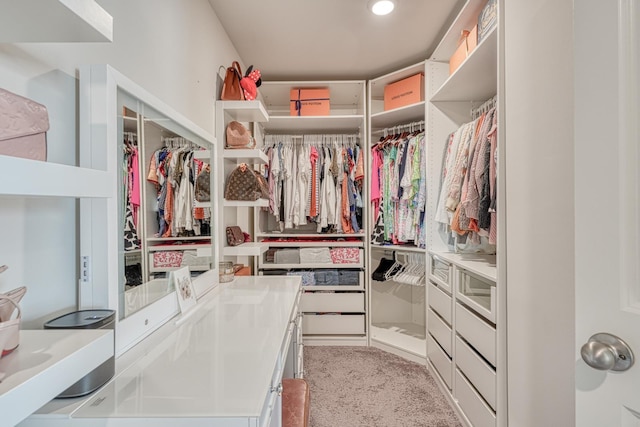 walk in closet featuring light carpet