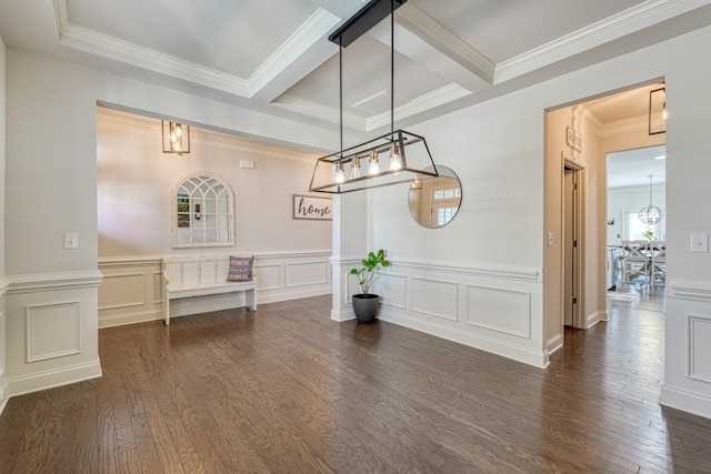 unfurnished dining area featuring crown molding, dark wood-style flooring, a decorative wall, beamed ceiling, and coffered ceiling