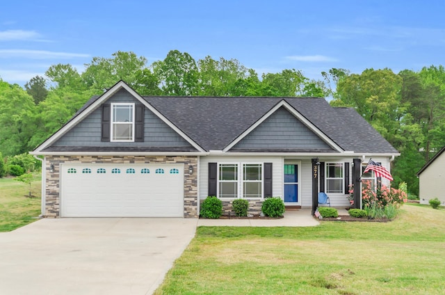 craftsman inspired home featuring stone siding, driveway, a front yard, and roof with shingles