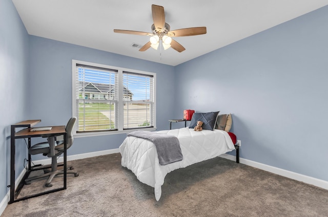 bedroom featuring baseboards, ceiling fan, carpet, and visible vents