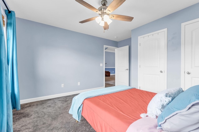 bedroom featuring carpet floors, baseboards, and ceiling fan