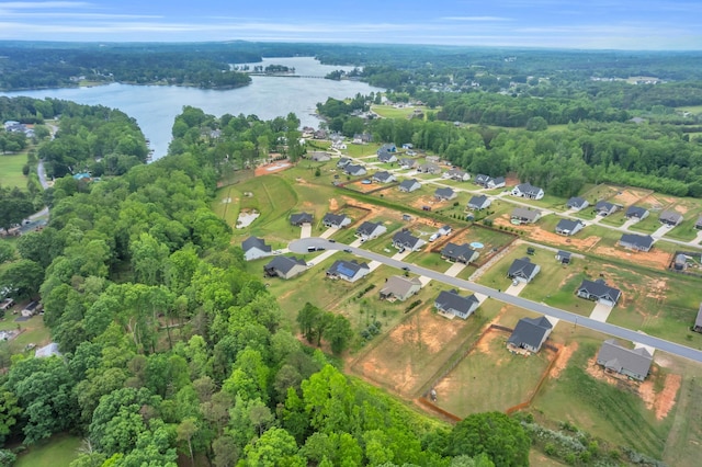 aerial view featuring a water view and a residential view