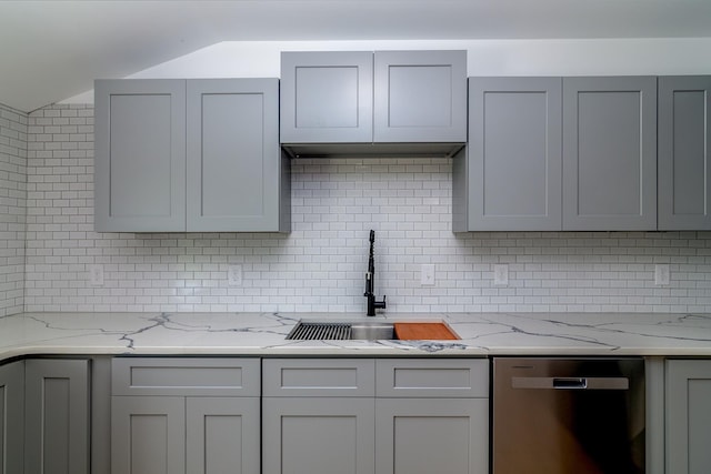 583 Berry, Boiling Springs, SC 29316 - kitchen with gray cabinetry, tasteful backsplash, a sink, and dishwasher