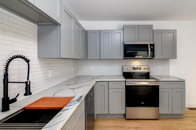 583 Berry, Boiling Springs, SC 29316 - kitchen with a sink, appliances with stainless steel finishes, decorative backsplash, and gray cabinets