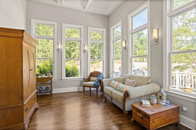 sunroom featuring beamed ceiling, baseboards, and wood-type flooring