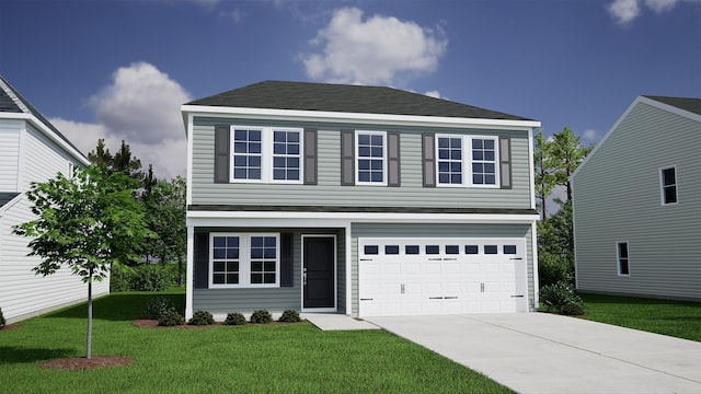 traditional home featuring concrete driveway, an attached garage, roof with shingles, and a front lawn