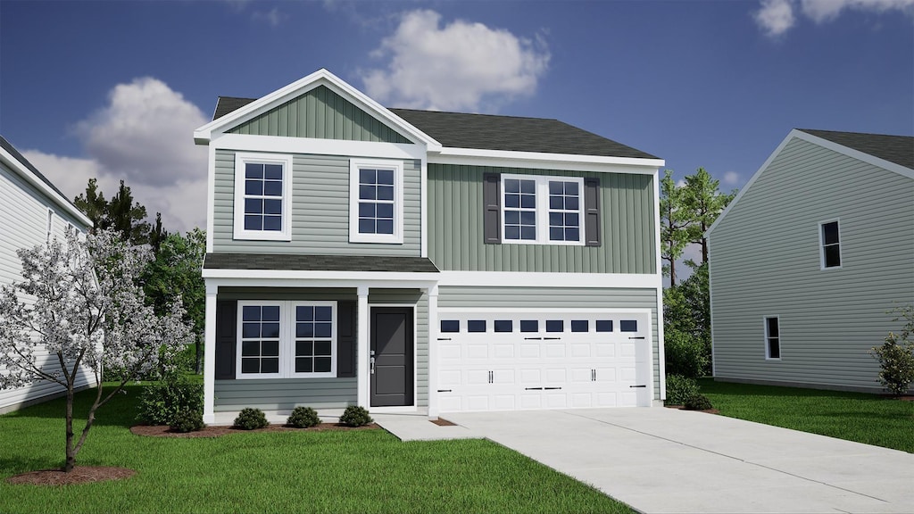 view of front of home with board and batten siding, a garage, a front lawn, concrete driveway, and a shingled roof