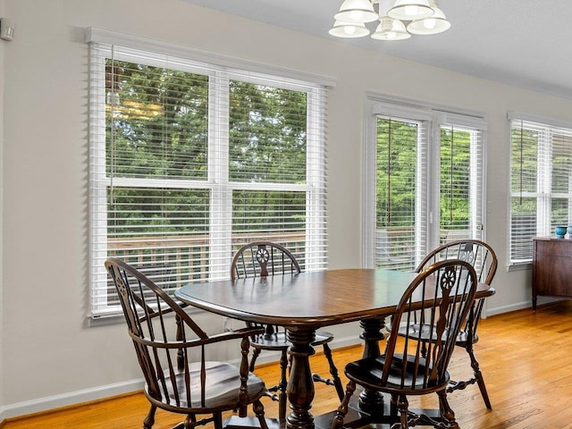 dining area featuring a chandelier, baseboards, and plenty of natural light