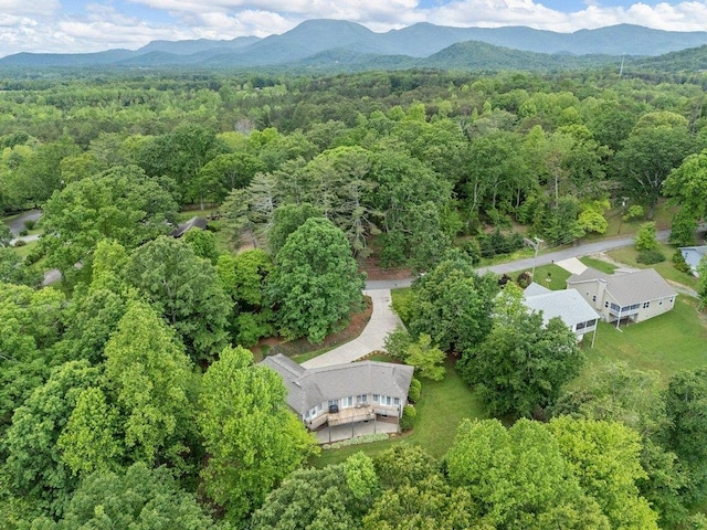 aerial view featuring a mountain view and a wooded view