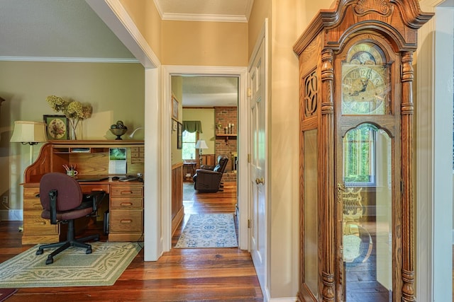 office space featuring a textured ceiling, plenty of natural light, ornamental molding, and dark wood-style floors
