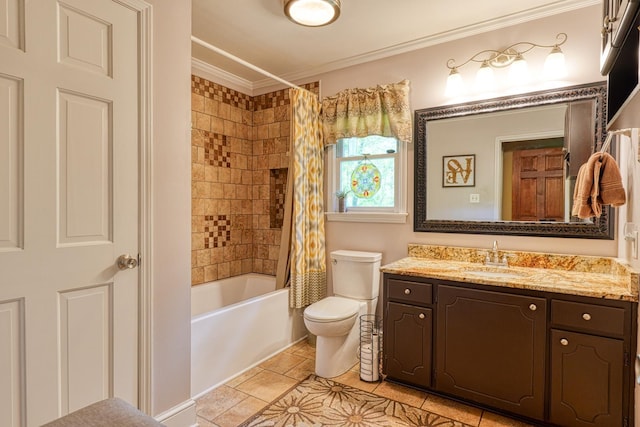 full bathroom featuring toilet, ornamental molding, shower / tub combo with curtain, tile patterned floors, and vanity