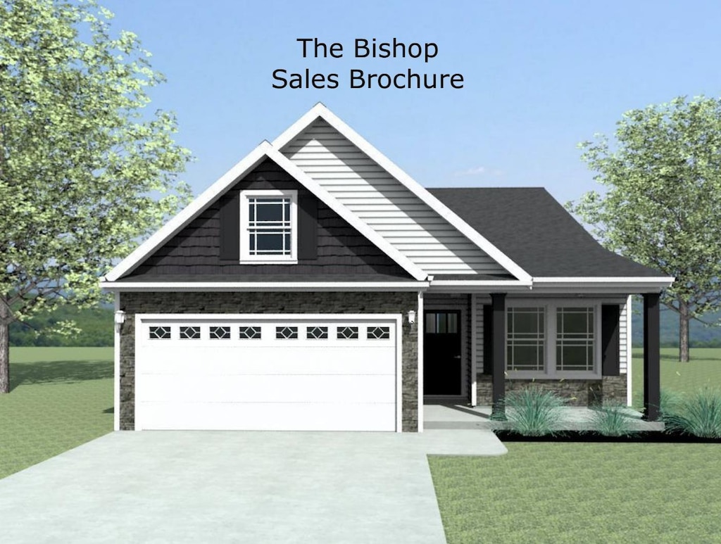 view of front of house with a front yard, a porch, stone siding, and driveway