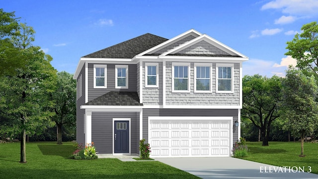 view of front facade featuring concrete driveway, a garage, and a front yard