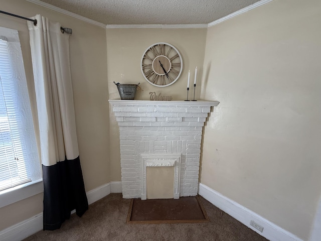 interior details with a fireplace, ornamental molding, a textured ceiling, and carpet floors