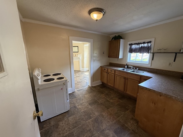 kitchen with a textured ceiling, ornamental molding, stone finish flooring, a sink, and white range with electric cooktop
