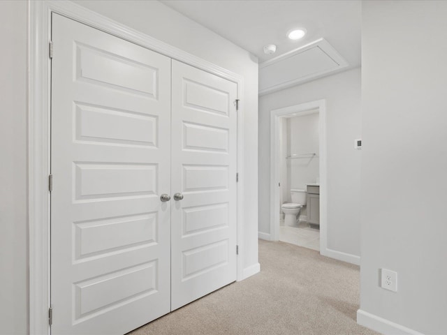 114 Arrow, Greer, SC 29651 - corridor featuring light carpet, baseboards, recessed lighting, and attic access