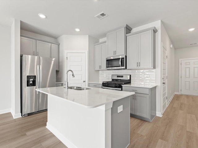 114 Arrow, Greer, SC 29651 - kitchen with stainless steel appliances, a sink, gray cabinets, a center island with sink, and recessed lighting
