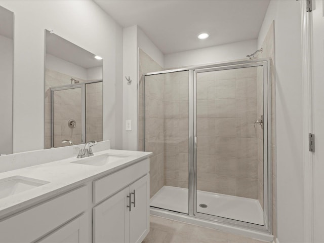 124 Arrow, Greer, SC 29651 - bathroom with a stall shower, double vanity, and recessed lighting