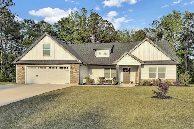 555 Canewood, Campobello, SC 29322 - craftsman-style home with an attached garage, concrete driveway, a front lawn, board and batten siding, and a shingled roof