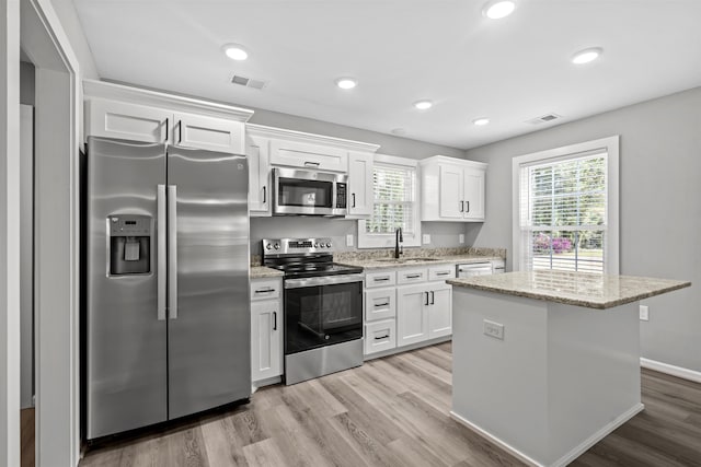 kitchen with a kitchen island, white cabinets, stainless steel appliances, and visible vents