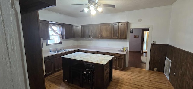 kitchen with a sink, ceiling fan, light countertops, and wood finished floors
