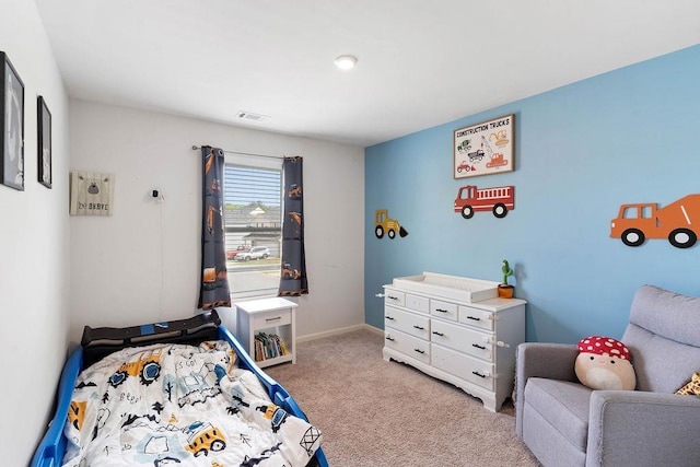 bedroom featuring carpet flooring, baseboards, and visible vents