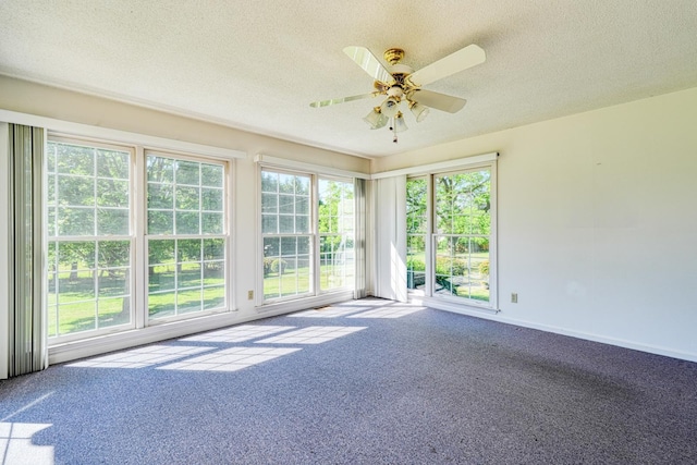 unfurnished sunroom featuring a textured ceiling, carpet floors, and baseboards