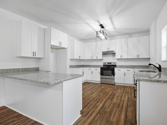 kitchen with a peninsula, a sink, white cabinetry, stainless steel electric stove, and under cabinet range hood