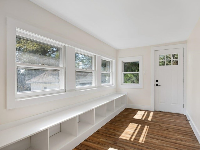 mudroom featuring baseboards and dark wood-type flooring