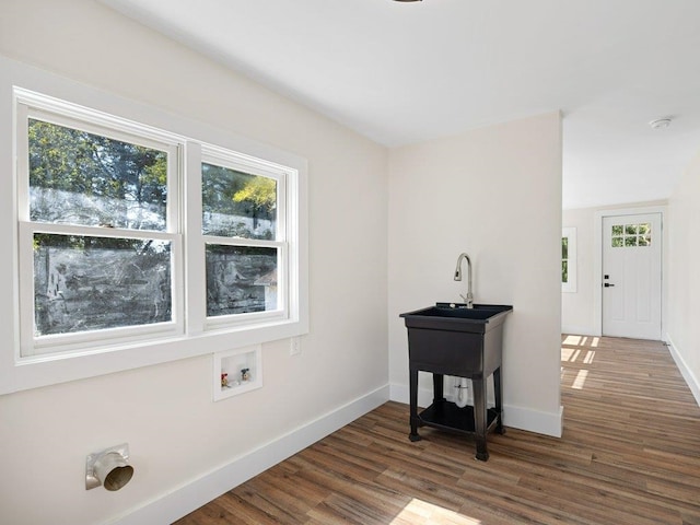 washroom with baseboards, a healthy amount of sunlight, laundry area, and wood finished floors
