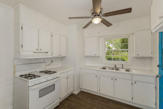 111 Linville, Moore, SC 29369 - kitchen with white range with gas stovetop, a sink, tasteful backsplash, and under cabinet range hood