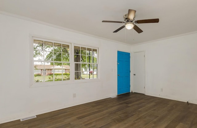111 Linville, Moore, SC 29369 - empty room with dark wood-style floors, plenty of natural light, baseboards, ornamental molding, and a ceiling fan