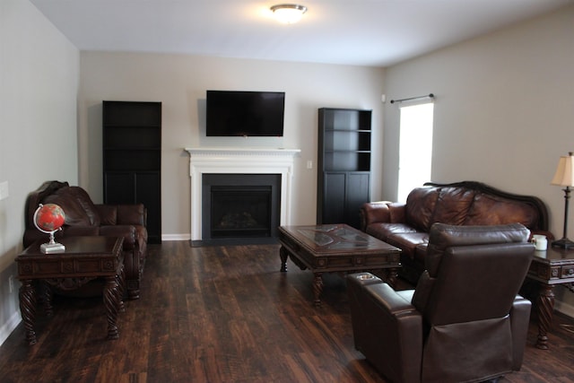living area featuring wood finished floors, a fireplace, and baseboards