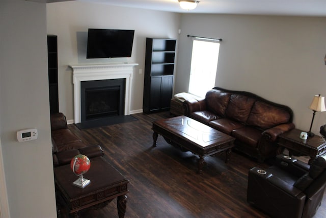living room with wood finished floors and a fireplace with flush hearth