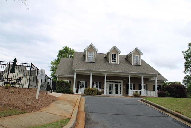 view of front of house featuring a porch, french doors, and a shingled roof