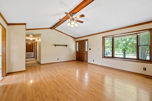 unfurnished living room with light wood-style floors, ceiling fan, ornamental molding, and baseboards