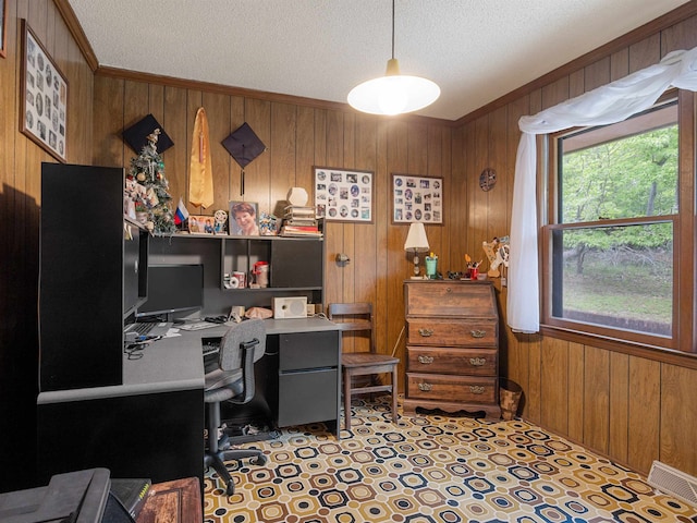 132 Rosecrest, Spartanburg, SC 29303 - office with wooden walls, a textured ceiling, and ornamental molding