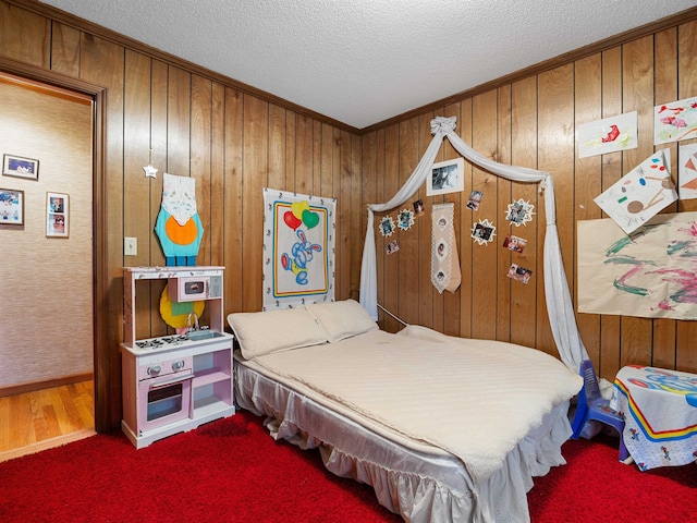 132 Rosecrest, Spartanburg, SC 29303 - carpeted bedroom featuring a textured ceiling, wooden walls, and crown molding