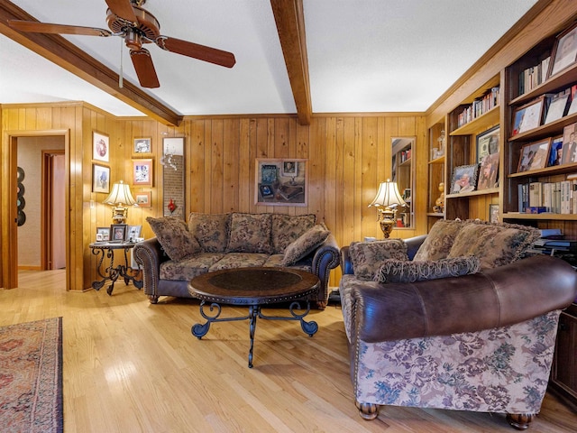 132 Rosecrest, Spartanburg, SC 29303 - living room featuring beamed ceiling, a ceiling fan, wooden walls, and wood finished floors