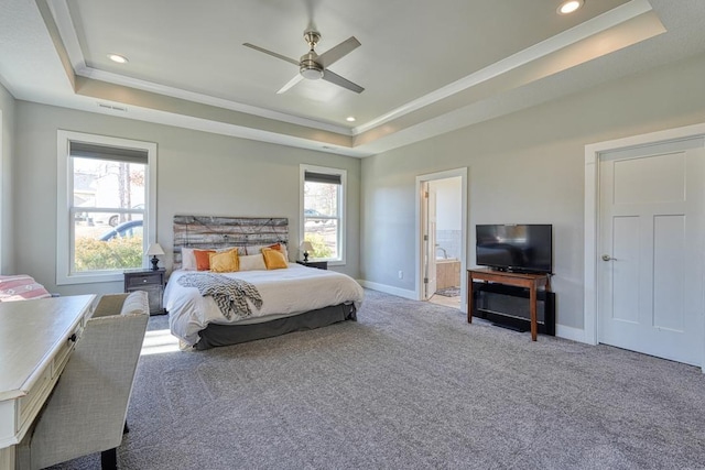 bedroom featuring a raised ceiling, baseboards, carpet flooring, recessed lighting, and ornamental molding