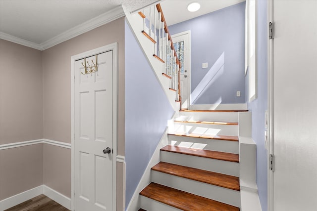 216 Ashmore, Greer, SC 29650 - stairway featuring ornamental molding, wood finished floors, and baseboards