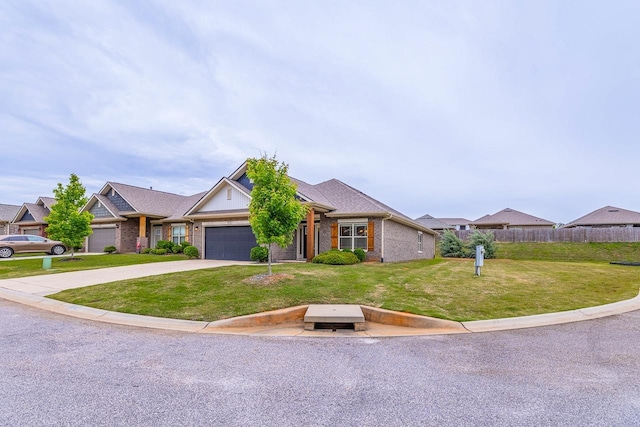 single story home featuring a garage, concrete driveway, and brick siding