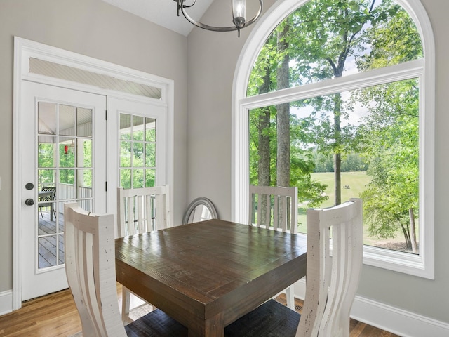 dining area with a chandelier, healthy amount of natural light, and wood finished floors