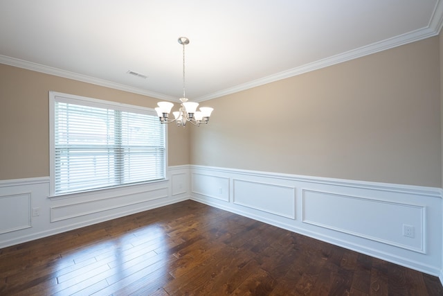 173 Tiara Rdg, Duncan, SC 29334 - unfurnished room with a chandelier, wainscoting, crown molding, dark wood-style floors, and a decorative wall