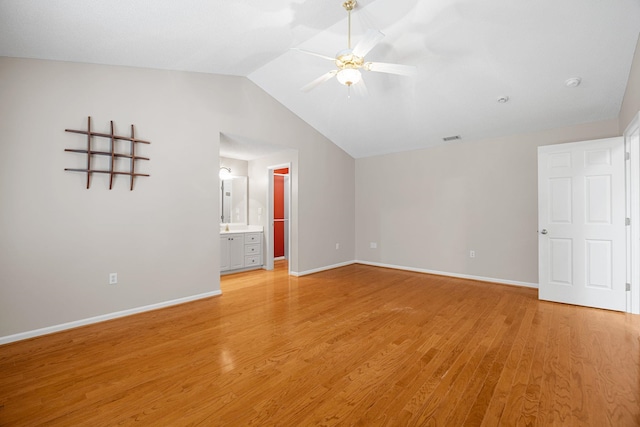 2 Birch Tree, Greer, SC 29651 - unfurnished bedroom featuring vaulted ceiling, light wood-style floors, baseboards, connected bathroom, and ceiling fan