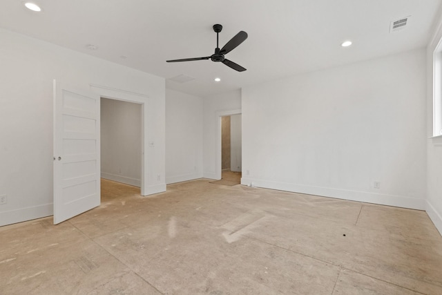unfurnished bedroom with baseboards, recessed lighting, and ceiling fan