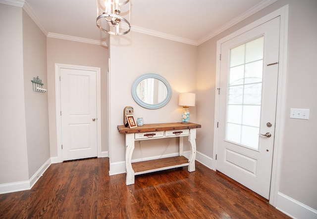 doorway to outside featuring wood finished floors, a chandelier, crown molding, and baseboards